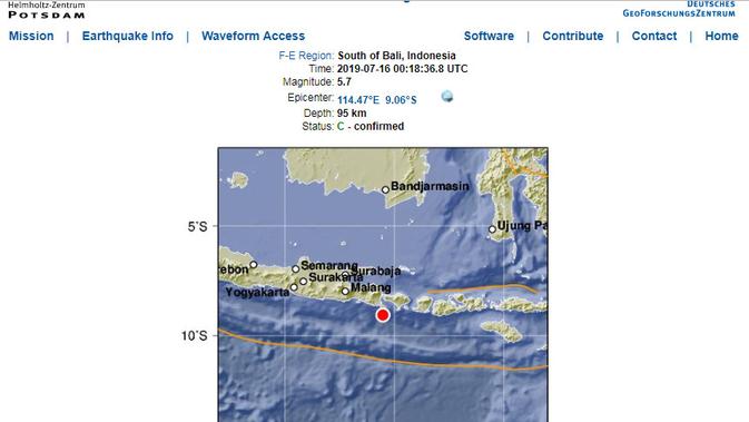 Catatan gempa Bali oleh Situs pusat penelitian Jerman untuk Geosains Telegrafen GFZ, Jerman. (geofon.gfz-potsdam.de)