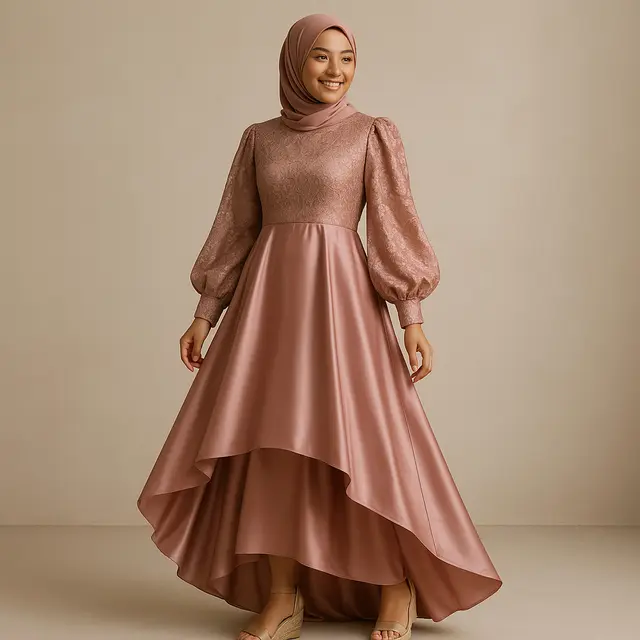 Model Gamis Brokat Kombinasi Satin Lengan Balon untuk Pesta/Ilustrasi gambar oleh AI
