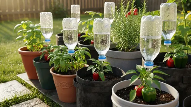 Model Kebun Mungil di Halaman Belakang dengan Botol Bekas