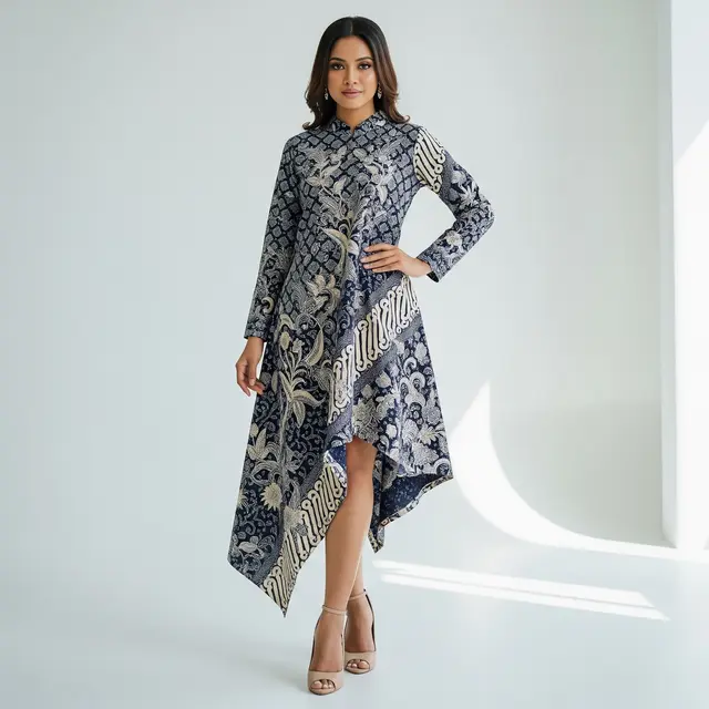 Model Tunik Batik Panjang dengan Detail Asimetris Modern