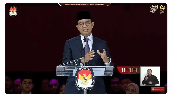 <p>Calon Presiden (Capres) nomor urut 01&nbsp;Anies Baswedan saat debat Pilpres 2024 terakhir yang digelar Minggu (4/2/2024) di Jakarta Convention Center (JCC), Senayan, Jakarta Pusat. (Tangkapan Layar YouTube KPU RI)</p>