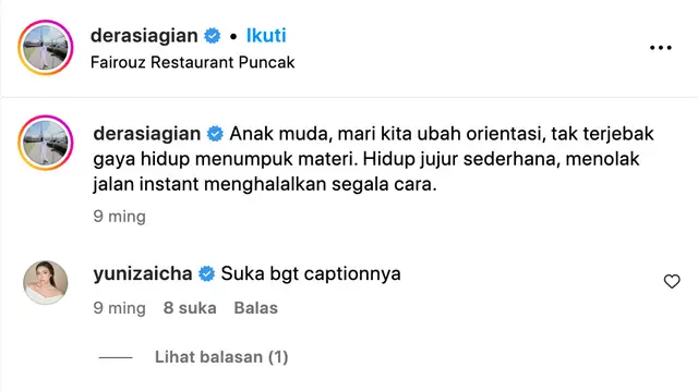 Unggahan Dera Idol. (Foto: Dok. Instagram @derasiagian)