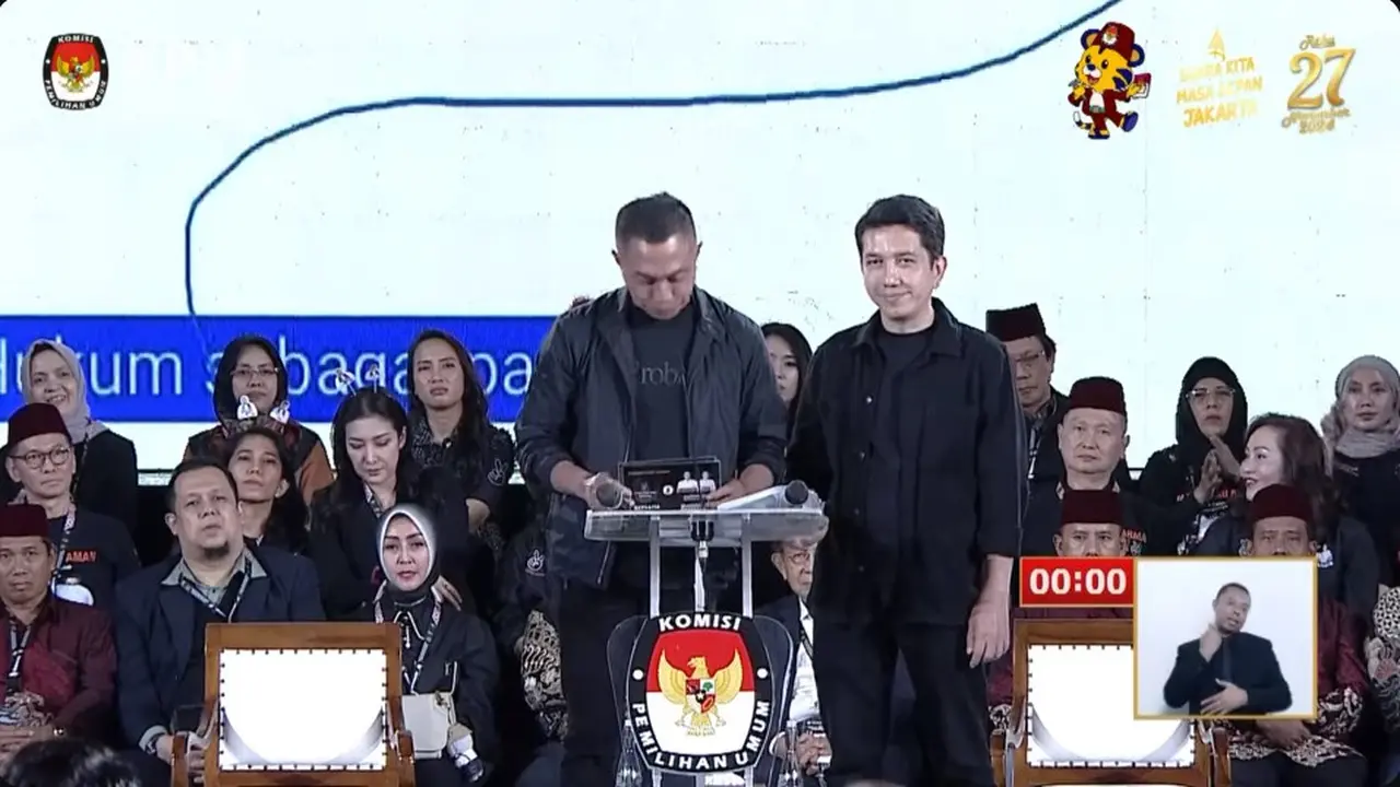 Pasangan calon gubernur dan calon wakil gubernur nomor urut 2 Dharma Pongrekun-Kun Wardana saat membacakan visi misi di debat terakhir atau debat ketiga Pilkada Jakarta 2024.