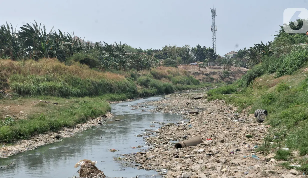 Pemandangan aliran Kali Bekasi yang menyurut di kawasan Margahayu, Bekasi, Jawa Barat, Selasa (8/10/2019). Musim kemarau berkepanjangan menyebabkan debit air Kali Bekasi menurun dan hampir mengering di beberapa titik. (merdeka.com/Iqbal Nugroho)