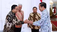 Presiden Joko Widodo (kanan) saat menerima kedatangan tiga bakal calon presiden yang akan berkontestasi dalam Pemilihan Umum Presiden dan Wakil Presiden 2024 di Istana Kepresidenan, Jakarta, Senin (30/10/2023). (Dok: Setpres/Biro Pers Setneg)
