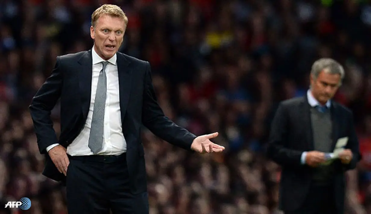 Ekspresi manajer Manchseter United, David Moyes pada pertandingan Liga Inggris antara Manchester United melawan Chelsea di Stadion Old Trafford, Manchester Selasa 27 Agustus 2013. (AFP/Andrew Yates)