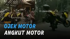 Aksi unik dan tangguh dilakukan oleh seorang ojek motor ini karena mengangkut motor matic gede.