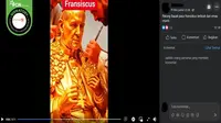 Gambar tangkapan layar&nbsp;video yang diklaim proses pembuatan patung Paus Fransiskus yang terbuat dari emas. (sumber: Facebook)