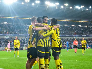 Borussia Dortmund sukses menghajar Club Brugge tiga gol tanpa balas dalam laga matchday 1 League Phase Liga Champions 2024/2025 di Stadion Jan Breydel, Kamis (19/9/2024) dini hari WIB. (AFP/Nicolas Tucat)