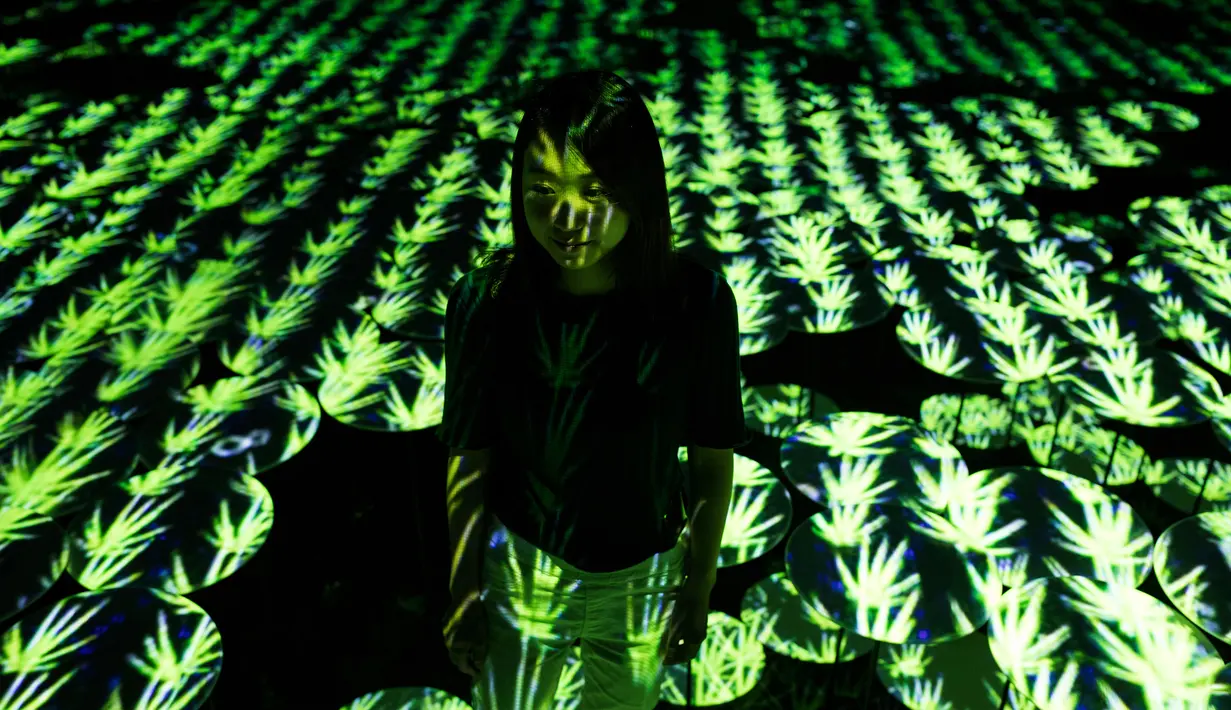 Seorang wanita dari Teamlab Jepang berpose di ruang instalasi digital di Mori Building Digital Museum Seni, Tokyo, Jepang (1/5). (AFP Photo/Behrouz Mehri)