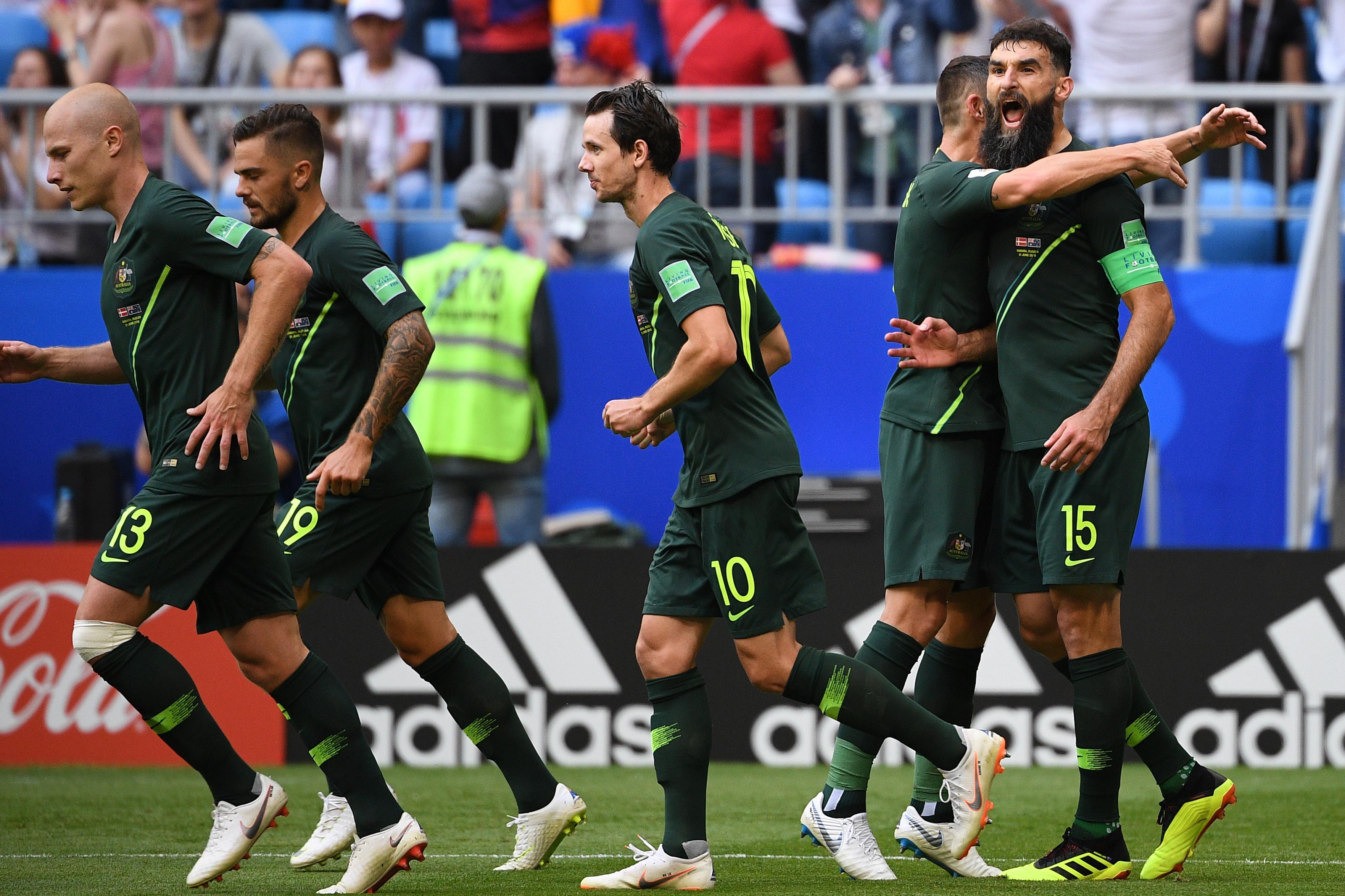 Pencetak gol Timnas Australia ke gawang Denmark, Mile Jedinak. (MANAN VATSYAYANA / AFP)