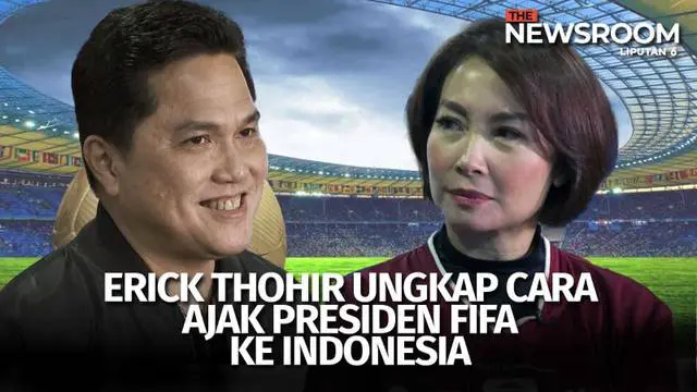 Berita video Menteri BUMN, Erick Thohir, berkunjung ke The Newsroom Liputan 6 SCTV, di mana salah satu hal yang ia bahas yaitu caranya mengajak Presiden FIFA ke Indonesia.