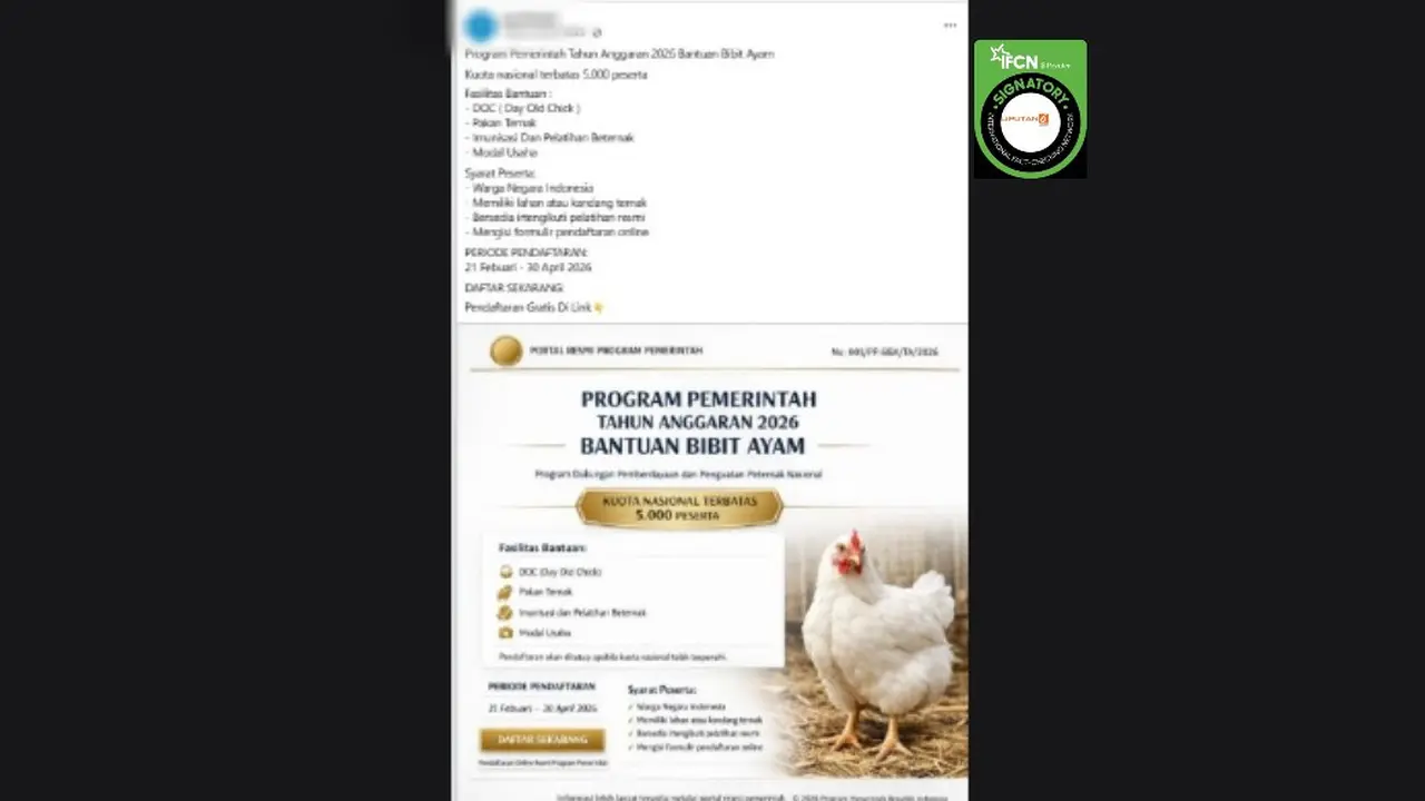 Cek Fakta Liputan6.com mendapati klaim link pendaftaran bantuan bibit ayam dengan kuota 5.000 peserta. (Foto: Tangkapan layar Facebook).