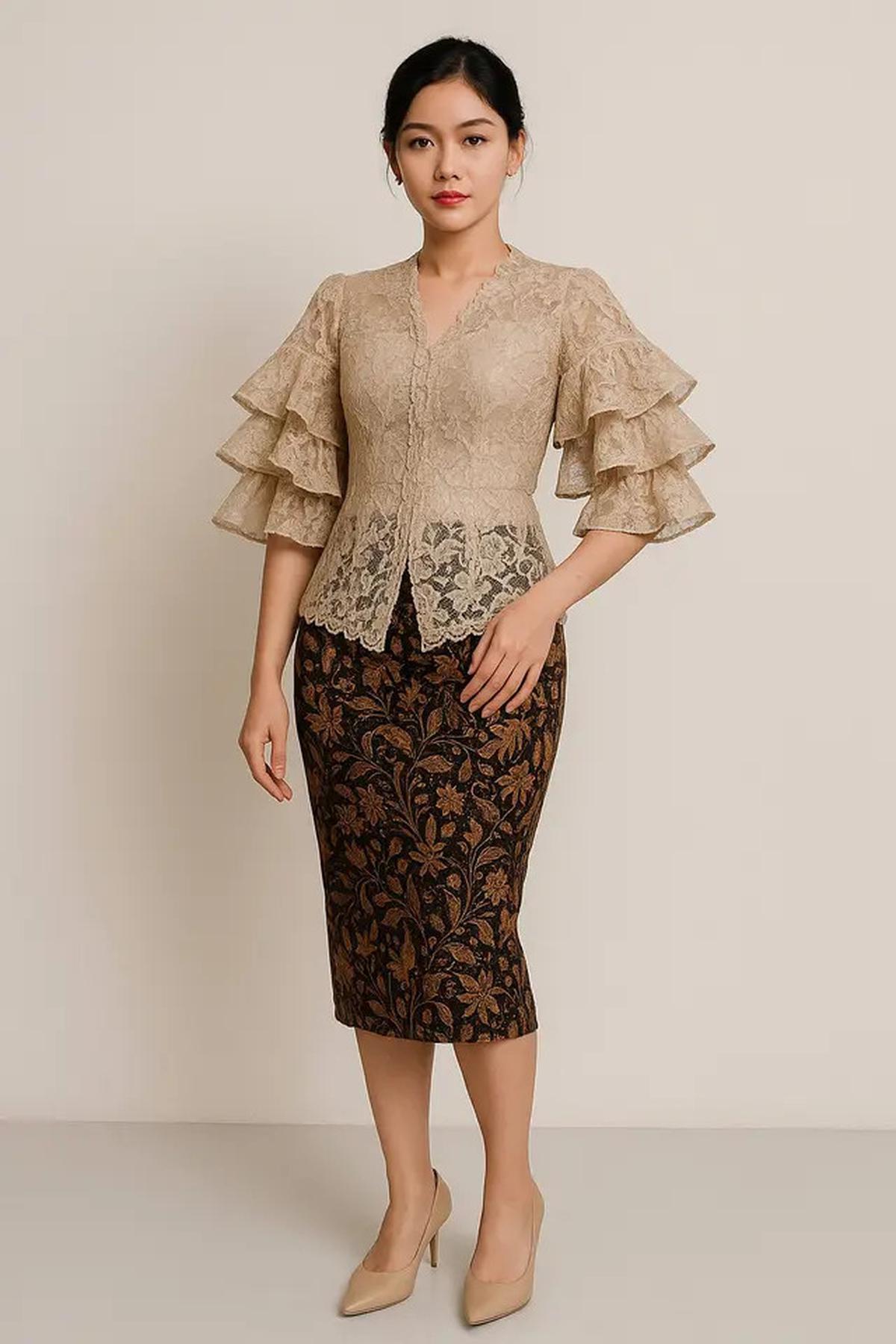 7 Model Batik Brokat Kombinasi Lengan Ruffle Modern, Anggun dan Kekinian