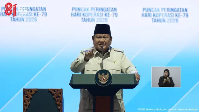 Presiden Prabowo Subianto di acara Puncak Perayaan Hari Koperasi Nasional Ke-79 Tahun 2026 di Indonesia Arena, Gelora Bung Karno, Jakarta, Minggu (12/7/2026).
