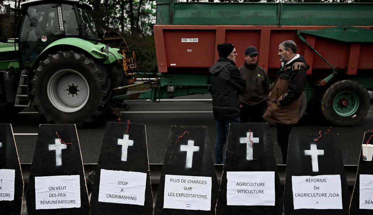 Para petani berdiri di dekat replika peti mati saat berunjuk rasa dan menutup jalan lingkar Bordeaux, Barat Daya Prancis, pada 24 Januari 2024. (Philippe LOPEZ/AFP)