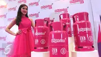 Seorang SPG berpose di dekat tabung elpiji warna pink (Bright Gas) saat peluncuran Bright Gas di Jakarta, Jumat (23/10). Gas elpiji baru berwarna pink berkapasitas 5,5 kg ini dijual Rp 66.000/tabung. (Liputan6.com/Angga Yuniar)