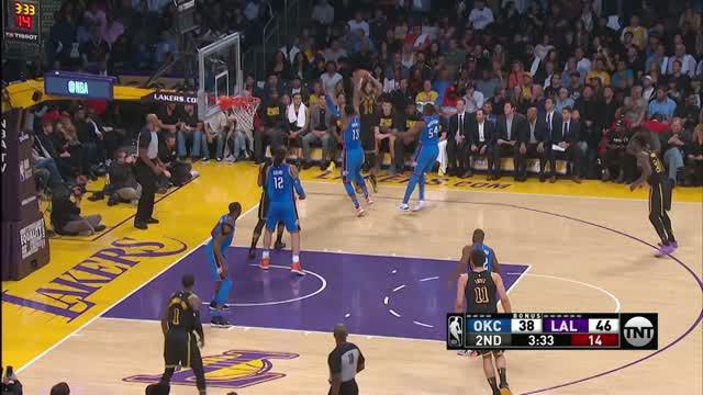 Berita video game recap NBA 2017-2018 antara LA Lakers melawan Oklahoma City Thunder dengan skor 106-81.