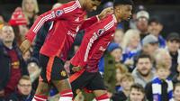 Marcus Rashford mencetak gol ke gawang Ipswich Town setelah menerima umpan Amad Dialo saat Manchester United bertanding di Portman Road dalam lanjutan Liga Inggris 2024/2025, Minggu (24/11/2024) malam WIB. (AP Photo/Dave Shopland)
