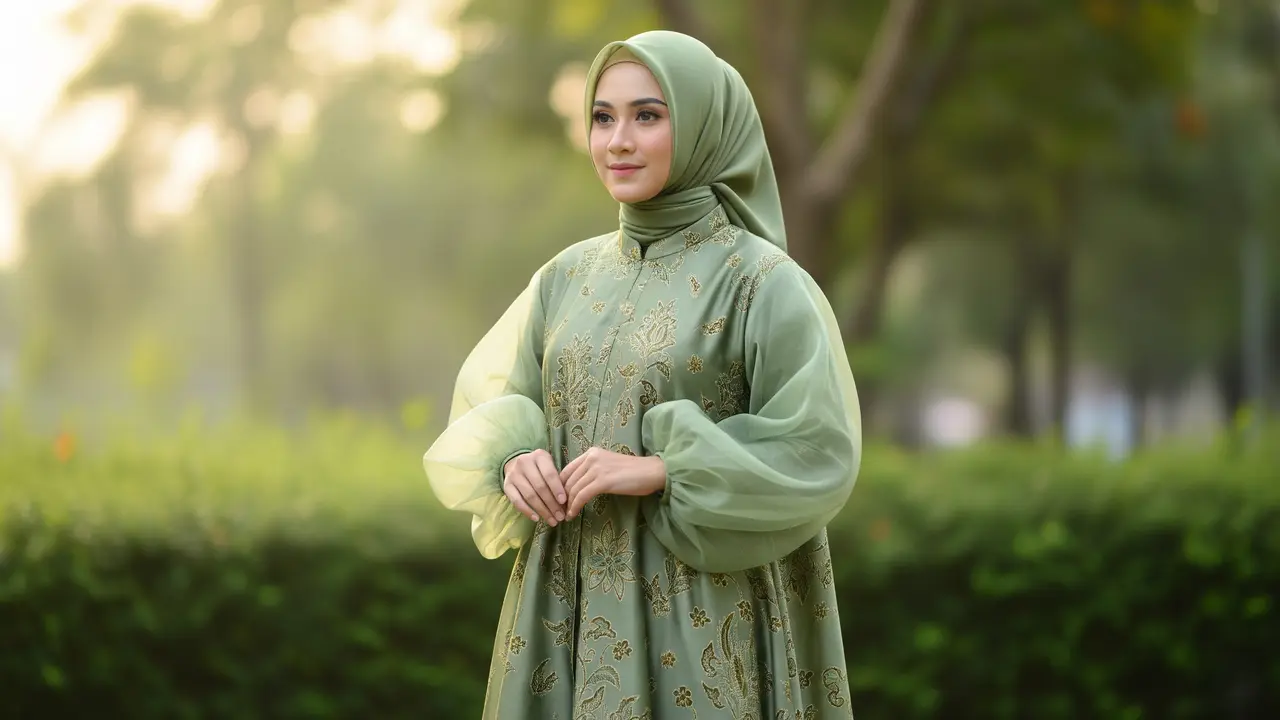 Gamis Batik Sage Organza Lengan Balon