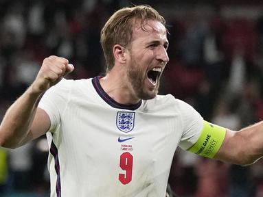Harry Kane pernah sabet dua kali gelar Star of The Match Euro 2020 ketika Inggris hadapi Jerman di 16 besar dan Denmark di semifinal. Ia tampil gemilang pada dua laga itu meski dirinya dikatakan sebagai pemain yang telat panas di laga-laga awal. (Foto: AFP/Pool/Frank Augstein)