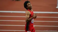 Sprinter Indonesia, Lalu Muhammad Zohri, gagal memberikan medali pada final atletik nomor 100 meter putra Asian Games 2022 yang digelar di&nbsp;Hangzhou Olympic Sports Centre Stadium, China, Sabtu (30/9/2023), setelah hanya mampu finis keenam. (NOC Indonesia)