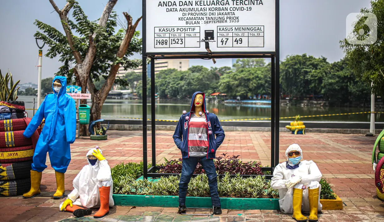 Boneka maneken yang mengenakan alat pelindung diri (APD) dipajang di Kawasan Danau Sunter, Jakarta, Selasa (15/9/2020). Pajangan tersebut merupakan inisiatif dari pihak Kelurahan Sunter Jaya untuk terus memberikan edukasi kepada masyarakat tentang bahaya COVID-19. (Liputan6.com/Faizal Fanani)