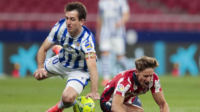 FOTO: Menang 2-1 atas Real Sociedad, Atletico Madrid Butuh 3 Poin Lagi untuk Pastikan Gelar Juara Liga Spanyol ; Mikel Oyarzabal; Marcos Llorente
