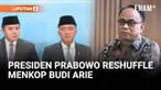 Mensesneg Prasetyo Hadi didampingi Sekretaris Kabinet Teddy indra Wijaya mengumumkan sejumlah menteri Kabinet Merah Putih yang terkena reshuffle pada Senin (8/9/25) sore.