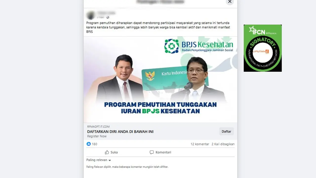 Tangkapan layar klaim tautan pendaftaran pemutihan tunggakan iuran BPJS Kesehatan yang beredar di Facebook.
