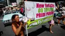 Sejumlah wanita berjalan sambil bertelanjang dada saat menggelar GoTopless Parade di New York (28/8). Aksi ini menyerukan kesetaraan gender baik perempuan dan pria dalam telanjang dada. (AFP PHOTO / KENA Betancur)