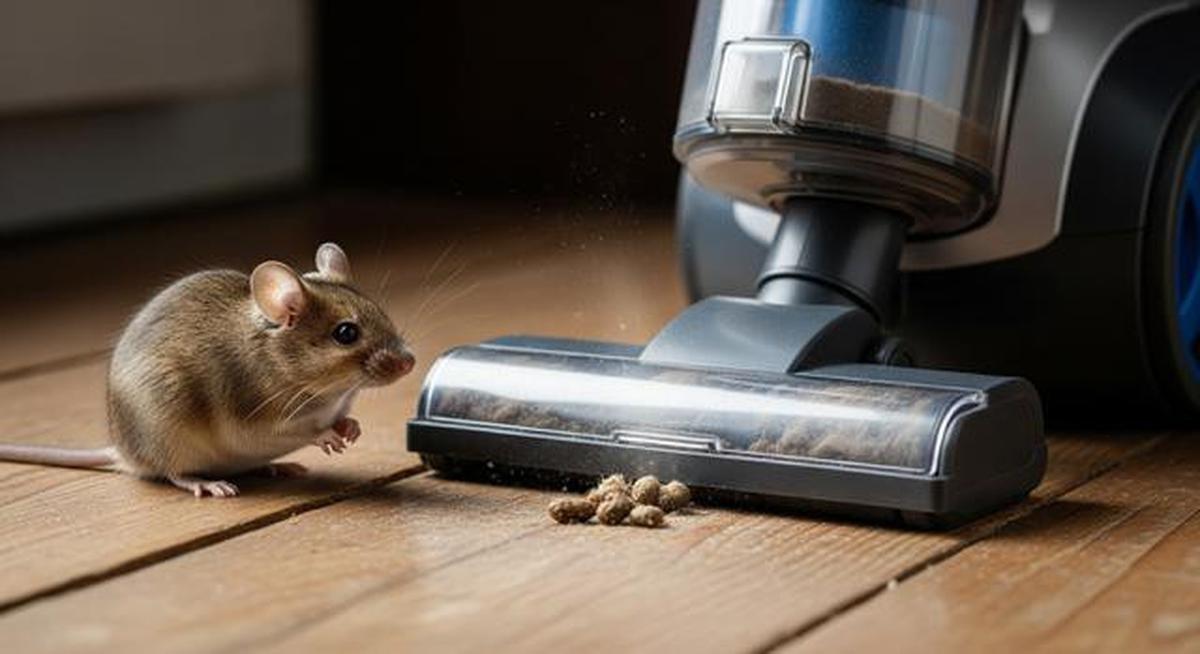 Ilustrasi kotoran tikus tersedot vacuum cleaner.