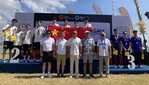 China berhasil keluar sebagai juara mixed relay 12th Asian Open Water Swimming Championship 2026 di Jimbaran, Bali. (Bola.com/Alit Binawan)