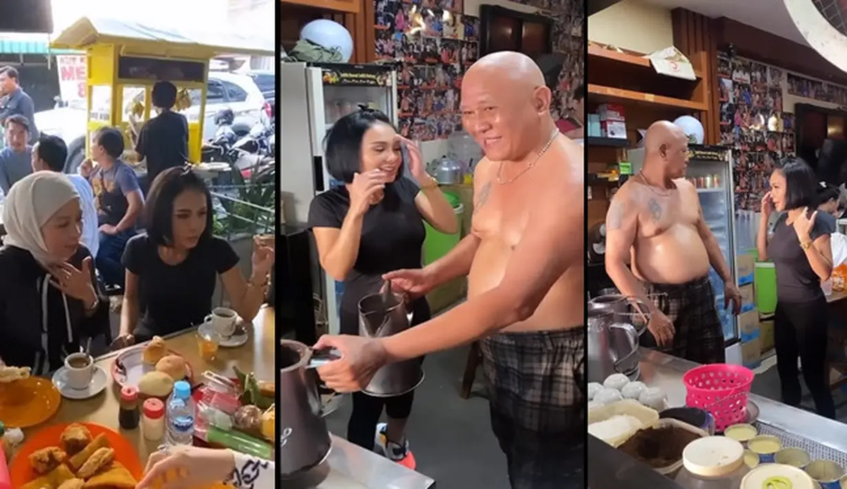 Yuni Shara tampak terkejut dengan aksi peracik kopi yang sangat piawi. Bahkan, peracik kopi tersebut santai tak mengenakan baju alias telanjang dada. Berikut potret Yuni Shara ngopi di warung kopi legendaris. [Instagram/yunishara36]