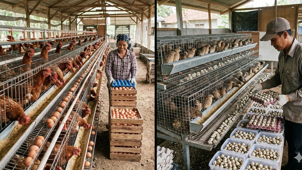 Perbandingan Untung Ayam Petelur vs Puyuh Petelur (Foto: Gemini AI)