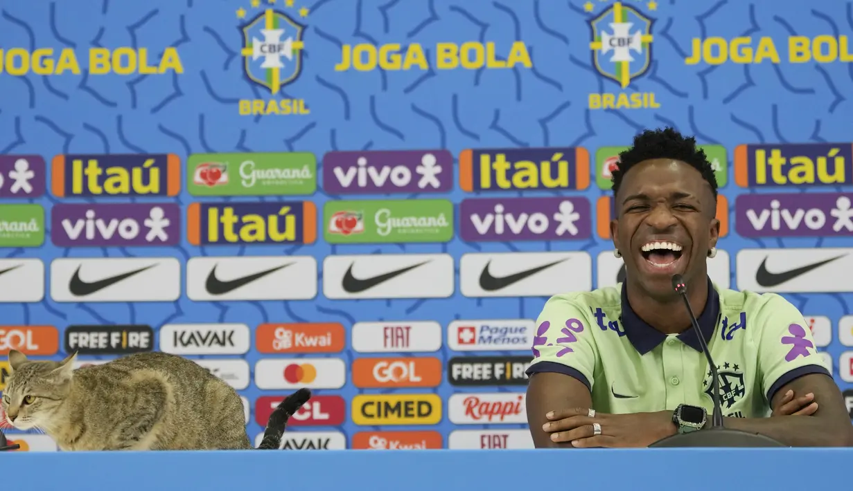Penyerang Brasil Vinicius Junior tersenyum saat seekor kucing duduk di atas meja selama konferensi pers jelang Kroasia vs Brasil pada perempat final Piala Dunia 2022, di Stadion Al Arabi SC di Doha, Rabu (7/12/2022). Kucing dengan perpaduan warna coklat dan hitam itu langsung naik ke atas meja. (AP Photo/Andre Penner)