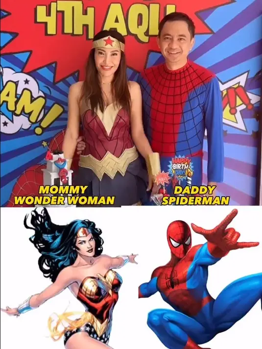 Sedangkan presenter dan pemeran Ayu Dewi berdandan jadi Wonder Women. Sesuai dengan tema yang diusung, dekorasi juga dominasi warna biru dan merah. [Instagram/mrsayudewi]