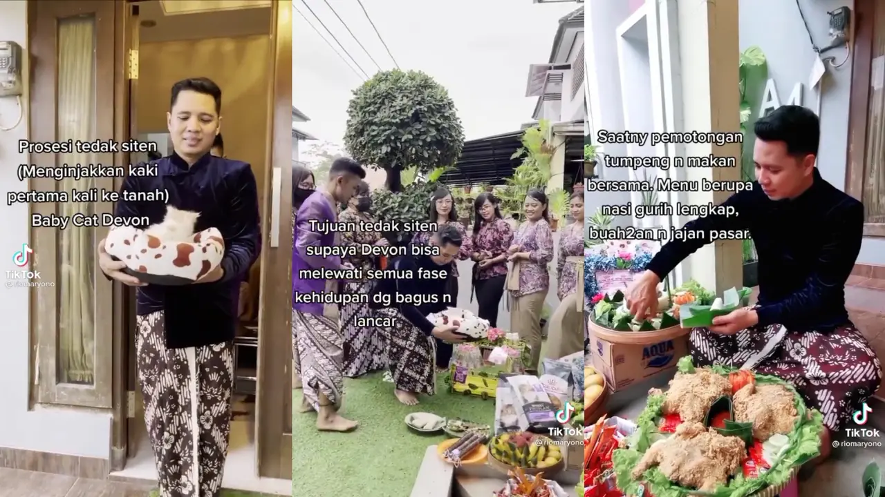 Upacara Tedak Siten untuk Bayi Kucing Devon (Sumber: TikTok @riomaryono)