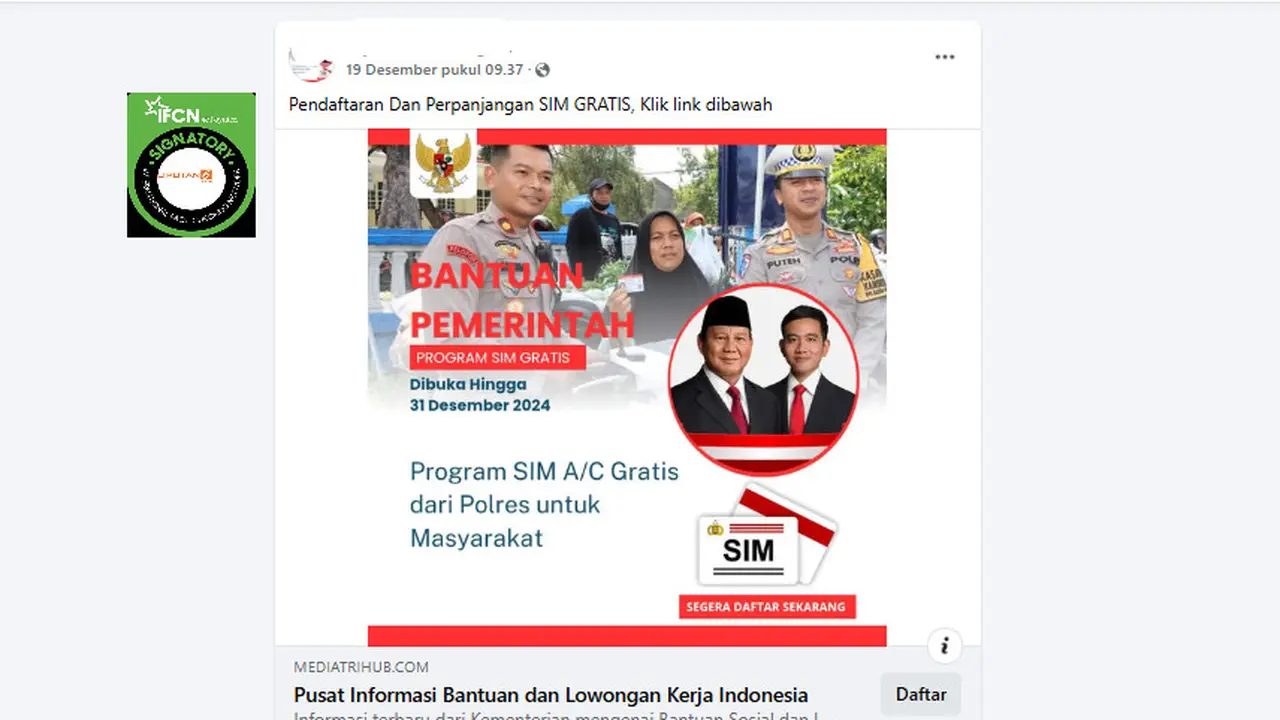 Tangkapan layar klaim link pendaftaran bantuan pemerintah program pembuatan dan perpanjangan SIM gratis