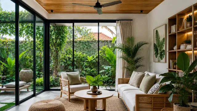 Desain Ruang Tamu dengan Dinding Kaca untuk Rumah Sederhana yang Sempit/AI Generated