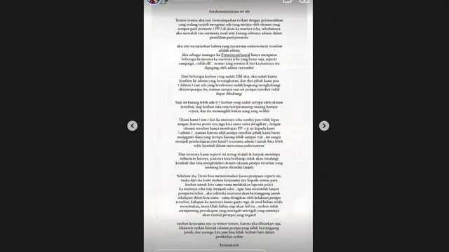 Marissya Icha melalui managernya, Wanda, buka suara mengenai masalah dugaan penipuan online shop. (instagram.com/marissyaichareal)