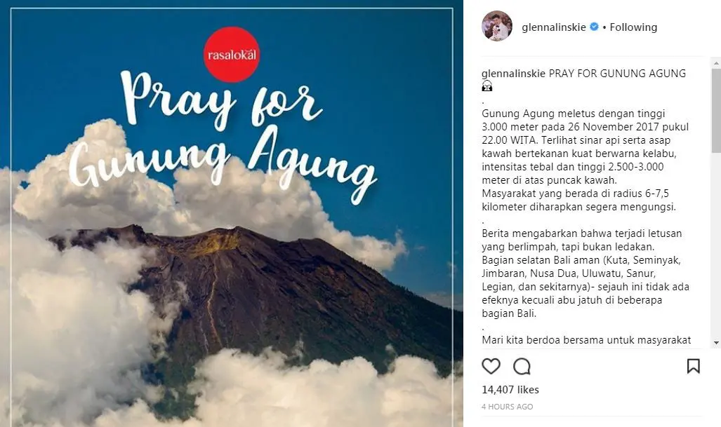 Glenn Alinskie ajak masyarakat berdoa untuk penduduk yang tinggal di sekitar Gunung Agung (Foto: Instagram)