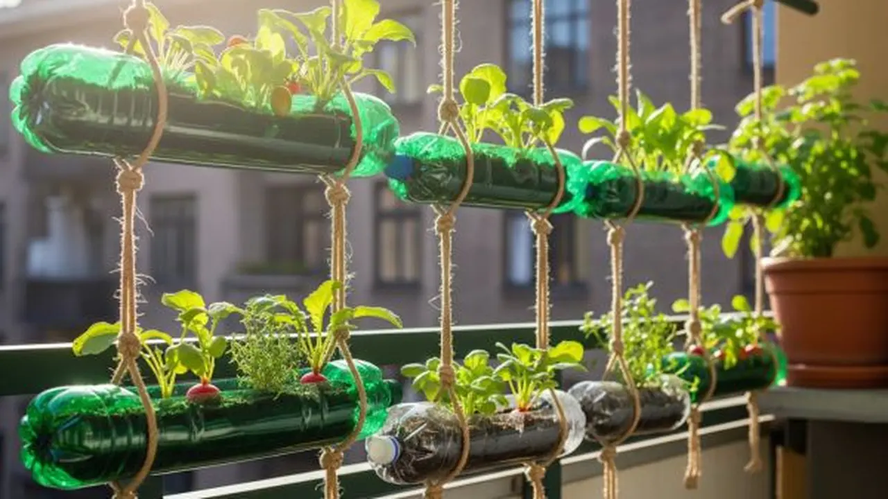 Ilustrasi Desain Kebun Sayur Pocket Garden dari Botol Plastik Bekas/Gemini AI