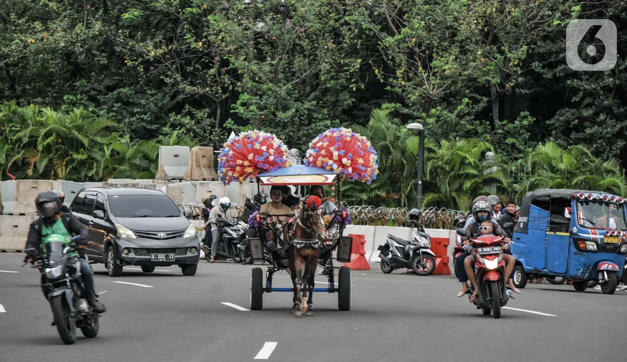 Kusir delman saat mengangkut wisatawan berkeliling kawasan Monumen Nasional (Monas), Jakarta Pusat, Minggu (8/1/2023). Pemkot Jakarta Pusat berencana melarang delman beroperasi di kawasan Monas karena kotoran kuda yang berceceran di jalan dinilai menimbulkan bau tak sedap. Plt Wakil Wali Kota Administrasi Jakarta Pusat Iqbal mengatakan pihaknya bakal membentuk gugus tugas merealisasikan kebijakan tersebut. (merdeka.com/Iqbal S. Nugroho)