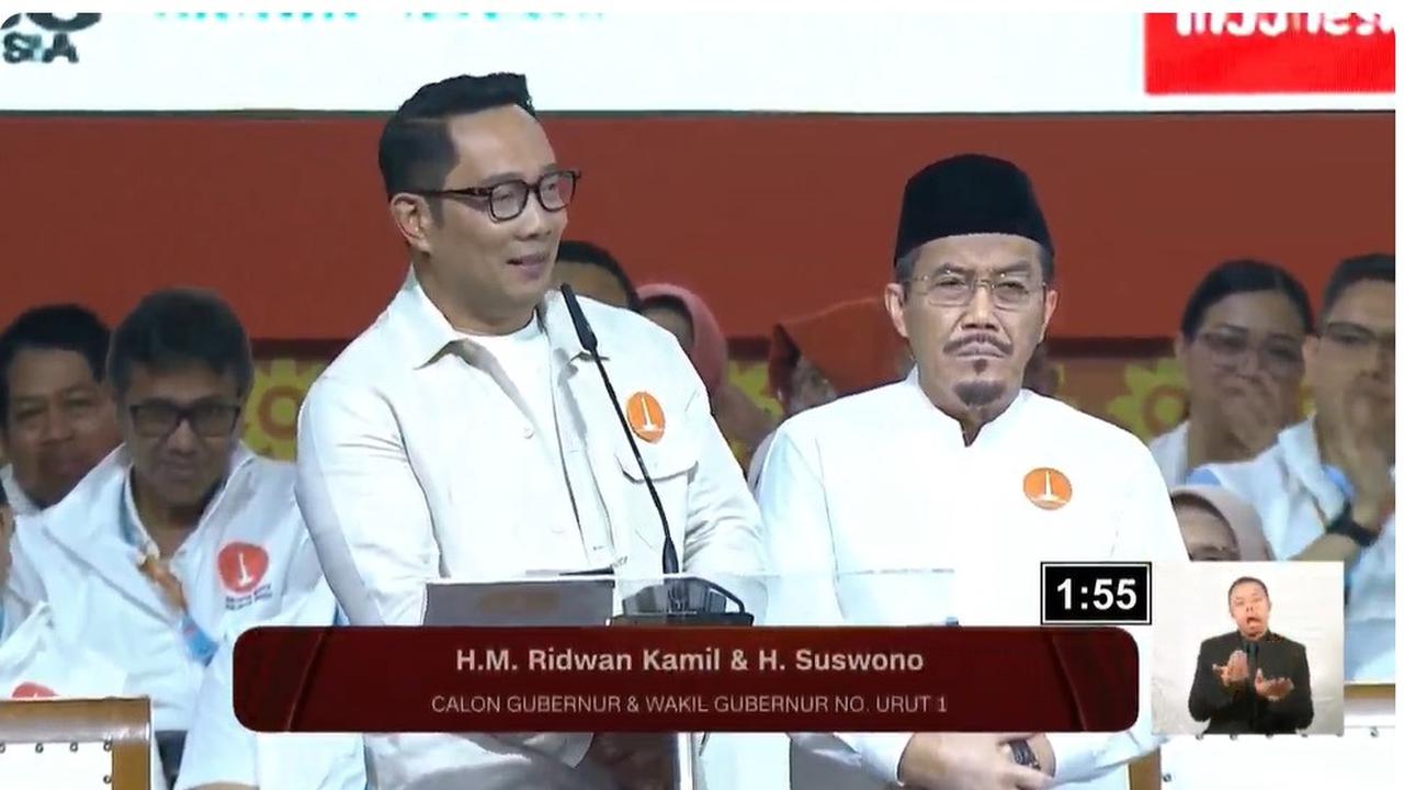 Pasangan calon gubernur dan calon wakil gubernur nomor urut 1 Ridwan Kamil-Suswono saat debat kedua Pilgub Jakarta 2024.