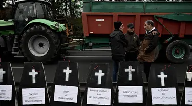 Para petani berdiri di dekat replika peti mati saat berunjuk rasa dan menutup jalan lingkar Bordeaux, Barat Daya Prancis, pada 24 Januari 2024. (Philippe LOPEZ/AFP)