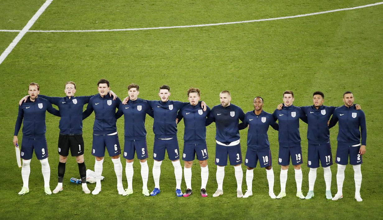 Timnas Inggris menempati posisi teratas sebagai tim dengan skuad termahal di Piala Dunia edisi kali ini. Pasukan The Three Lions memiliki harga total mencapai 1,26 miliar euro atau setara Rp20,3 triliun. (Alesandro Garofalo/Pool/AFP)