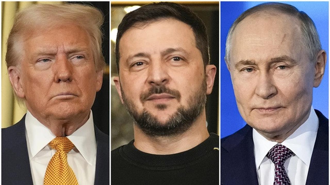 Presiden Donald Trump dan Presiden Ukraina Volodymyr Zelenskyy saat berada di Istana Elysee pada 7 Desember 2024 serta Presiden Vladimir Putin saat berpidato di Forum Teknologi di Moskow pada 21 Februari 2025.