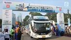 Pelepasan mudik gratis Mudik Bareng BRI di kawasan Senayan, Jakarta, Selasa (28/5/2019). PT Bank Rakyat Indonesia (Persero) Tbk kembali menggelar program Mudik Bareng BRI menjelang Hari Raya Idul Fitri 1440H/2019. (Liputan6.com/Pool/BRI)