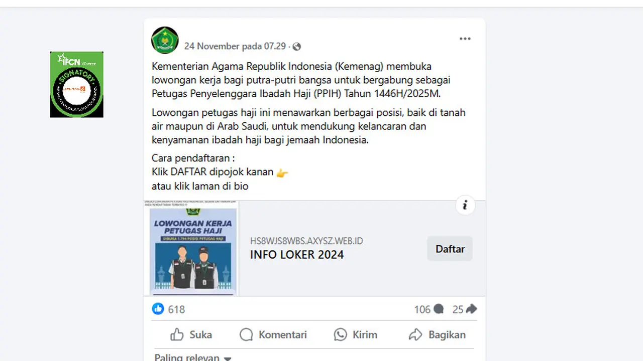 Tangkapan layar klaim link pendaftaran lowongan kerja untuk petugas penyelenggara ibadah haji 2025